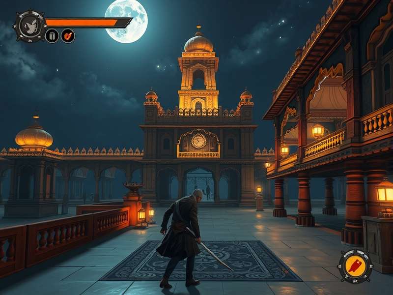 Shadow Chronicles India Game Interface showing stealth gameplay in a traditional Indian palace setting at night